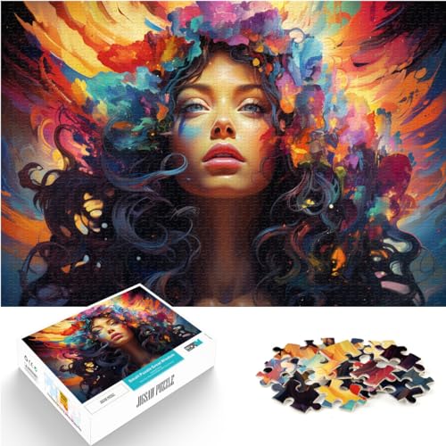 Puzzlespiel, farbenfrohes psychedelisches Mädchen-Kunstpuzzle, 1000 Teile für Erwachsene, Holzpuzzle mit passendem Poster und Wissensblatt, 1000 Teile (50 x 75 cm)