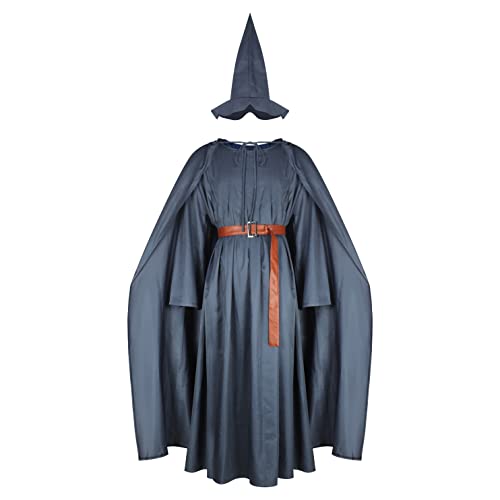 AYYOHON Erwachsene Gandalf Robe Mithrandir Lord Ringe Kostüm Grauer Umhang mit Zaubererhut Umhang Halloween Cosplay Anzug XL