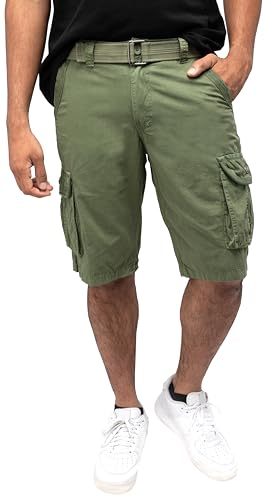 RAW X Cargo-Shorts für Herren, mit Gürtel, lockere Passform, lässig, knielang, Cargo-Shorts für Männer, Köperband, Gras, 50