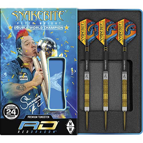 RED DRAGON Peter Wright Snakebite DWC Special Edition Gold Plus 24 Gramm Profi Wolfram-Dartset mit Flights und Schäften