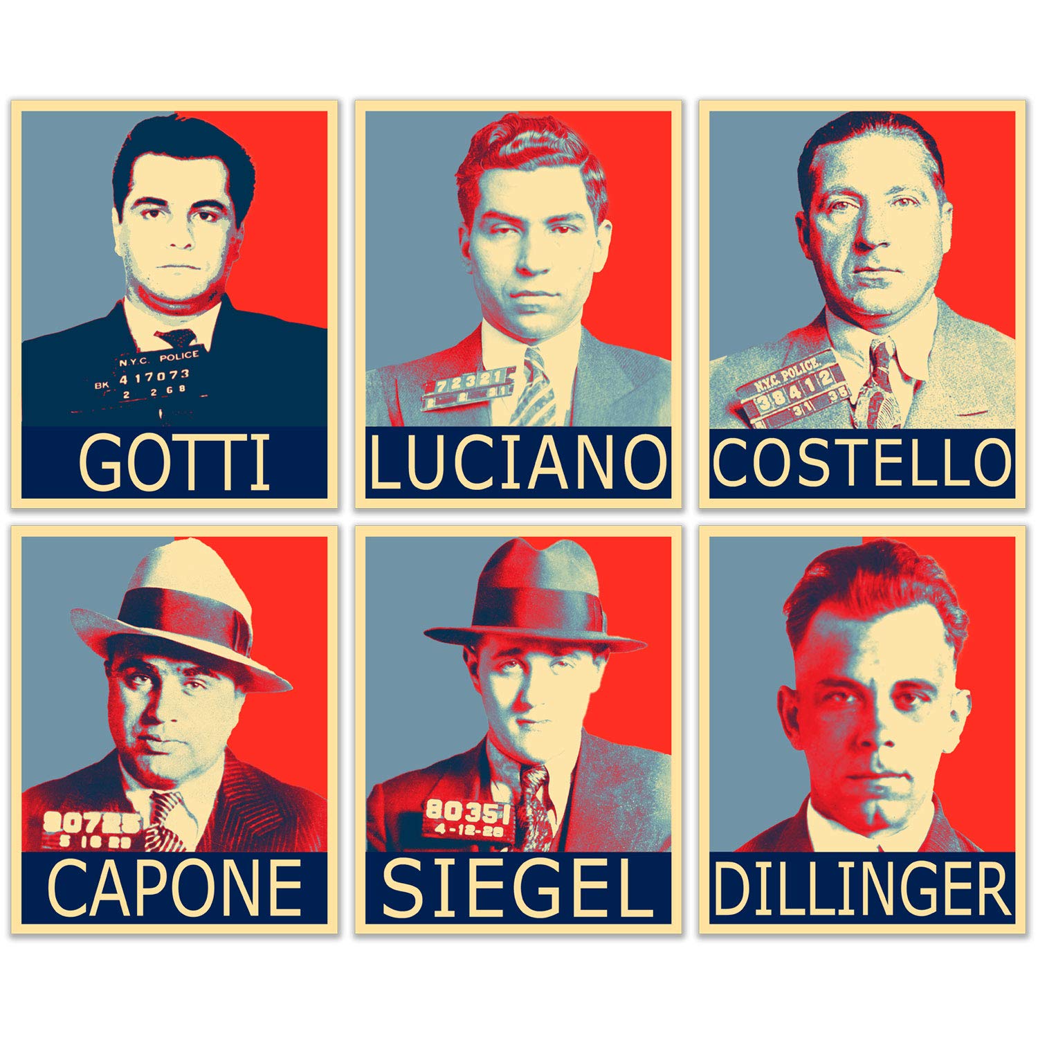 Mobsters Mugshots Hope Poster – Set mit 6 Bildern (20,3 x 25,4 cm) – Al Capone Bugsy Siegel Lucky Luciano John Gotti Frank Costello John Dillinger