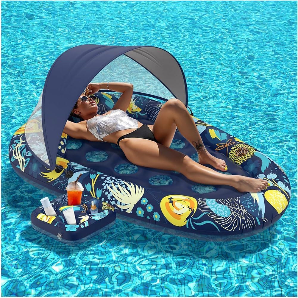 Pool Floats Erwachsene, aufblasbare Pool Float Lounge, 3-in-1-Pool mit Überdachung, verstellbare Kopfstütze Pool Chair Float, XL-Mehrzweck-aufblasbares Poolspielzeug für Poolparty, Strand, S