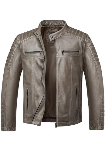 Amaci&Sons Herren Echtleder Jacke Biker Zipper Lederjacke 9104 Grau XXL