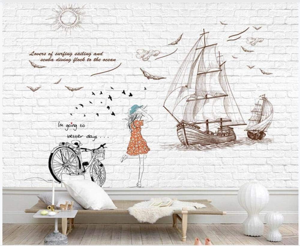 Weiße Backsteinmauer Segelboot Fahrrad Mädchen 3D Tapete Poster Restaurant Schlafzimmer Wohnzimmer Sofa TV Dekorative Wand-200cm×140cm