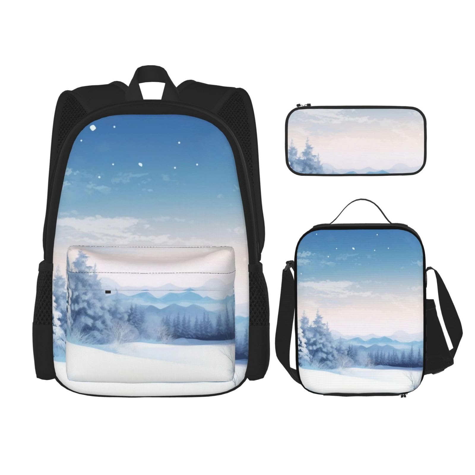 DENMER Mehrzweck-Schultasche mit passendem Federmäppchen und Lunchtasche für den Winter, Landschaft, stilvolle All-in-One-Lösung