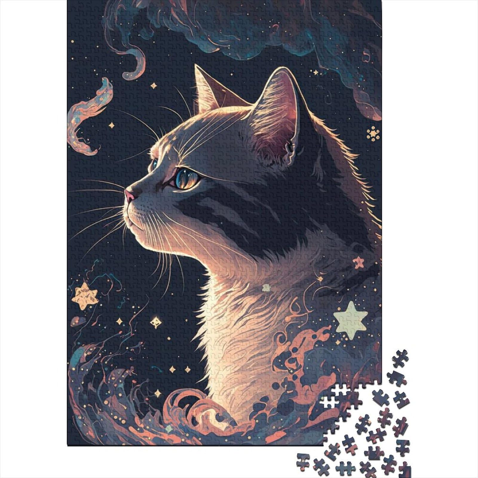 Katze in den Sternen, schwieriges, anspruchsvolles Puzzle, 1000 Teile, Puzzle für Erwachsene Teenager, Entspannungspuzzlespiele, Denksportpuzzle, 75 x 50 cm