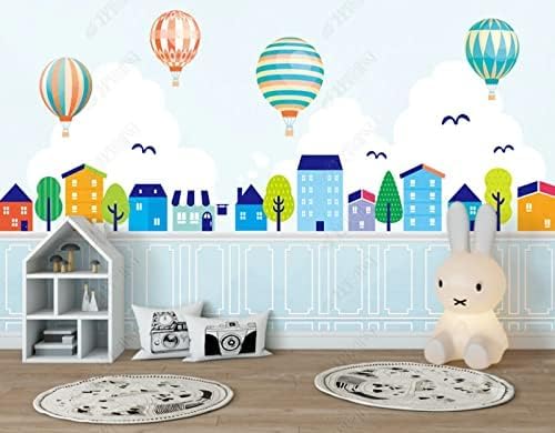 XLMING Blauer Cartoon Heißluftballon Haus Baum Blauer Himmel Kinderzimmer Küche Esszimmer Arbeitszimmer Wohnzimmer TV Hintergrund Wand 3D Tapete-430cm×300cm