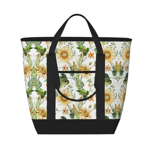 YQxwJL Tragetasche mit Sonnenblumen- und Mais-Aufdruck, großes Fassungsvermögen, isolierte Lunchtasche, wiederverwendbare Einkaufstasche mit Reißverschluss für Damen und Herren