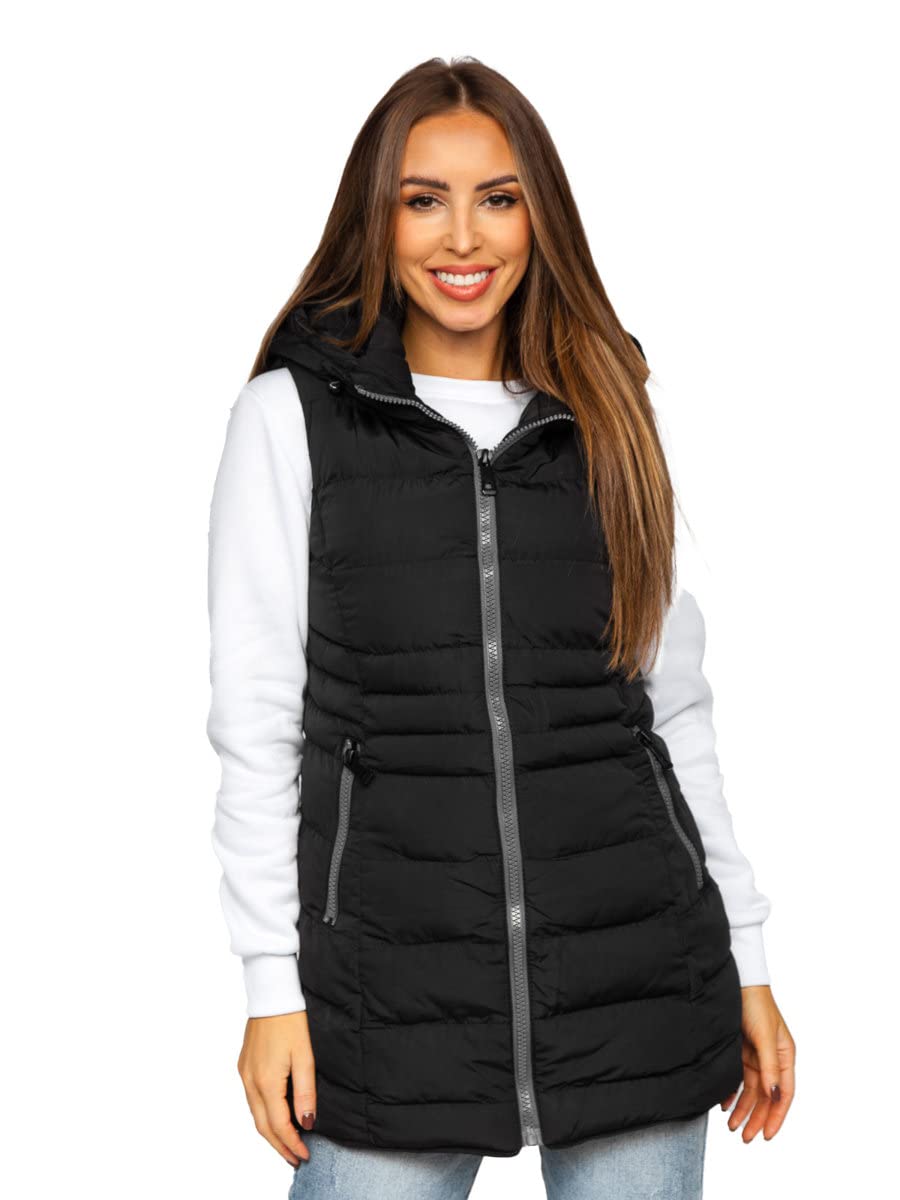 BOLF Damen Weste Bodywarmer Steppweste Daunenweste Funktionsweste Vest Ärmellose Sportweste Kapuzenweste Wärme Freizeit Outdoor Slim Fit Modellauswahl 7040 Schwarz S [U1U]