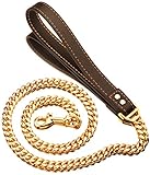 DHGTEP Hundeleine Seil Schwere Edelstahl O-Leine Outdoor-Training Kette Braun Schwarz PU Leder Griff Leine für Mittlere und Große Hunde (Color : Gold 14mm, Size : 60cm)