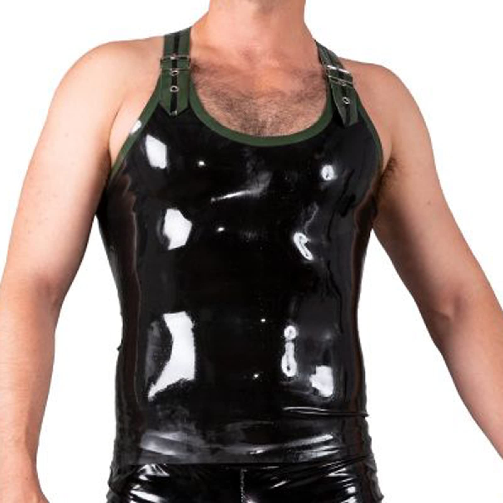 Schwarze und grüne Borten, sexy Latexhemd mit Gürtelschnallen, ärmellose Gummikleidung,schwarz und grün,XXL