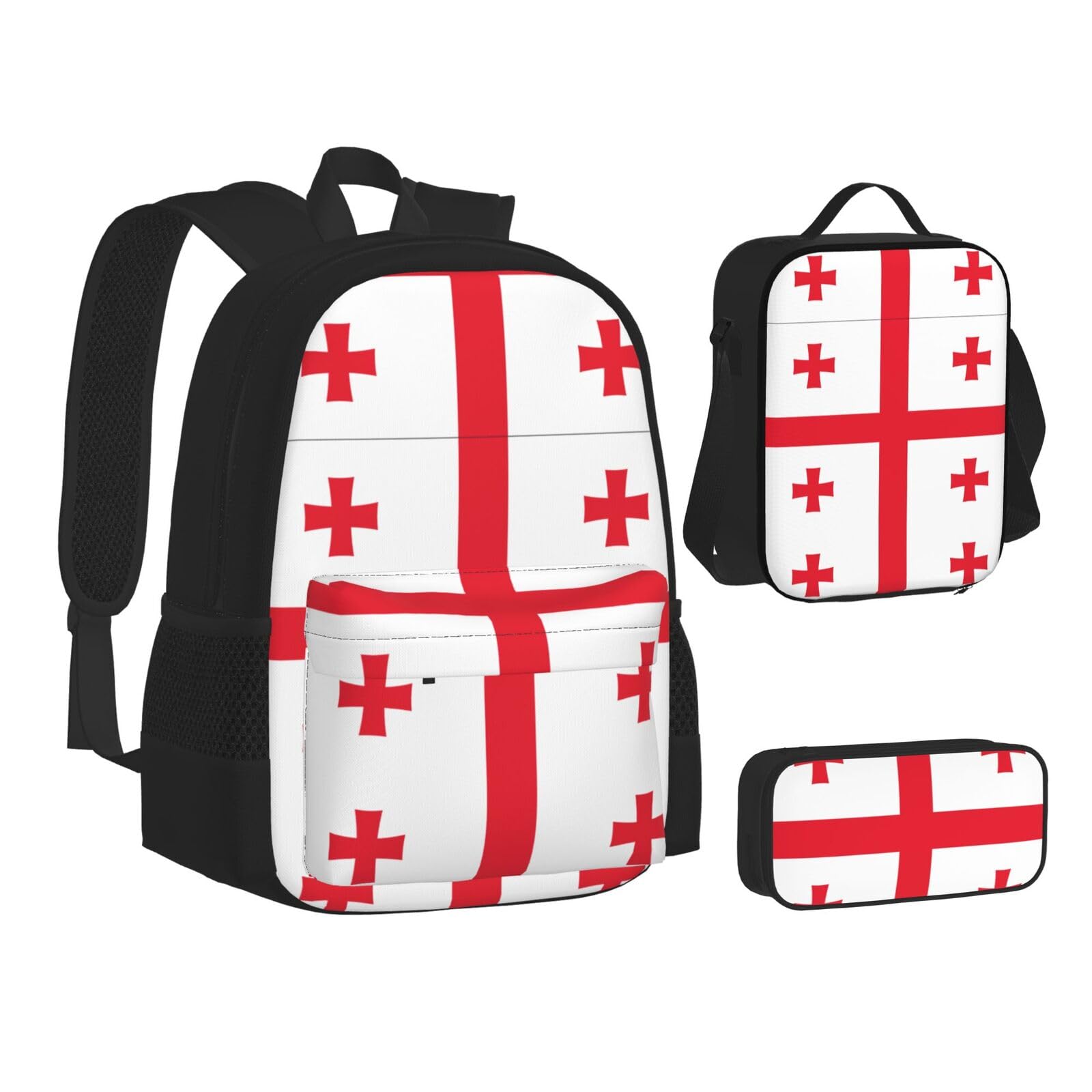 WURTON Lunchbox-Set, Motiv: Flagge von Georgia, 3-in-1-Rucksack und Federmäppchen, passende Kombination, Schwarz, Einheitsgröße, Schwarz, One Size