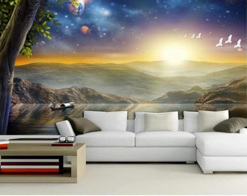 Sternenhimmel Hohe Berge Sonnenaufgang Boote Flüsse 3D Tapete Poster Restaurant Schlafzimmer Wohnzimmer Sofa TV Dekorative Wand-150cm×105cm