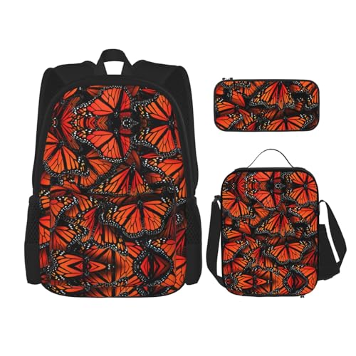 WURTON Monarch Butterflies. Bedruckte trendige Rucksacktaschen Lunchbox und Federmäppchen 3-in-1 verstellbares Rucksack-Set, Schwarz, Einheitsgröße, Schwarz , Einheitsgröße