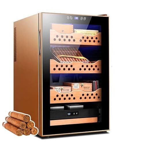 JMbpkduHs Zigarren-Humidor-Schrank Für 300 Bis 400 Zigarren Mit Spanischem Zedernholzfutter, Dicht Schließender Magnettür, 3+1 Großen Schubladen, Mit Kühltemperaturregelung,Gold