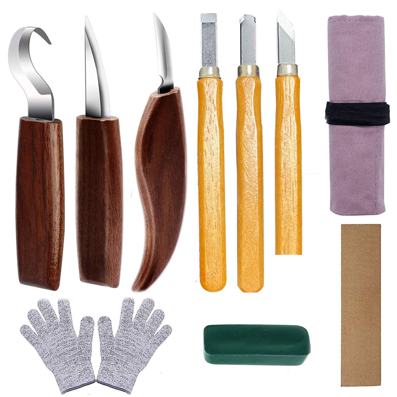 Holz Schnitzwerkzeug Set, 10 in 1 Schnitzmesser Set mit Griff aus Nussbaumholz, Holzwerkzeug Schnitzset mit Schnittfeste Handschuhe und Schleifsteine für Anfänger, Chrom Vanadium Stahl (10 Stück 1)