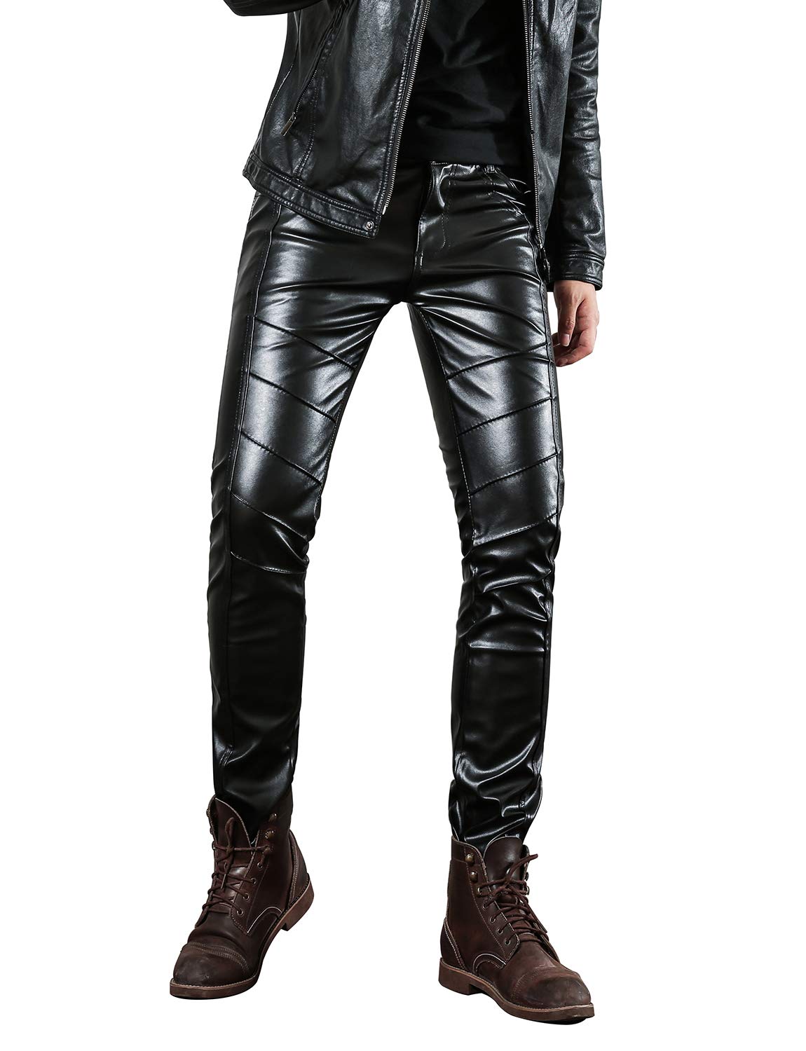 Idopy Herren Slim Fit Soft PU Faux Leder Biker Hose Trachtenlederhose Trachtenlederhose Lederhosen, 32W, Schwarz