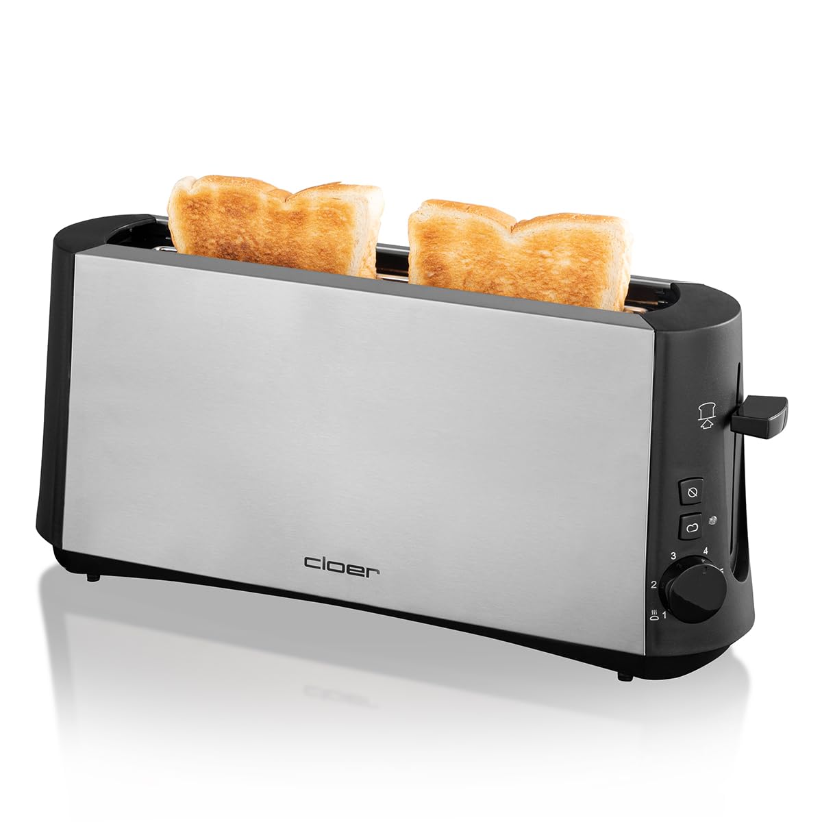 Cloer 3810 Langschlitztoaster, 880 W für 2 Toastscheiben mit "Graubrot-Funktion" zum Toasten von verschiedenen Brotsorten, Brötchenaufsatz, Edelstahlgehäuse