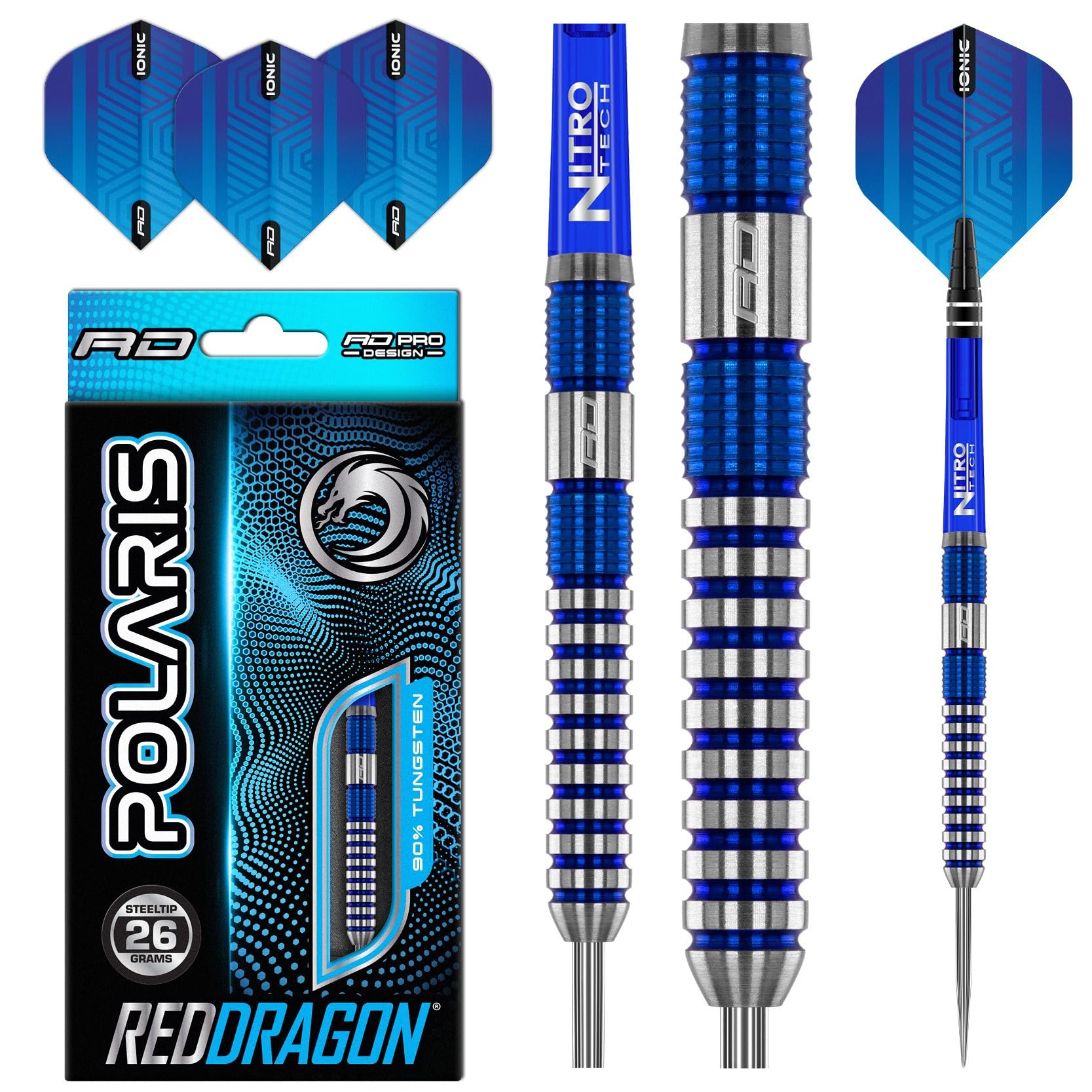 RED DRAGON Polaris: 26 gram Wolfram Professional Darts Set mit Flights and Nitrotech Shafts (Stems)