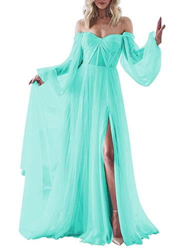 Damen Puffy Langarm Ballkleid Tüll Hochzeitskleid für Braut Formal Abendkleider mit Schlitz, Turquoise, 40