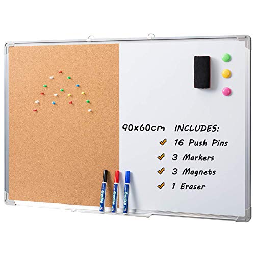 DOEWORKS Kombitafel Kork-Pinnwand mit Aluminiumrahmen Magnetisches Whiteboard Kombinations-Whiteboard Korkwand 90 * 60cm