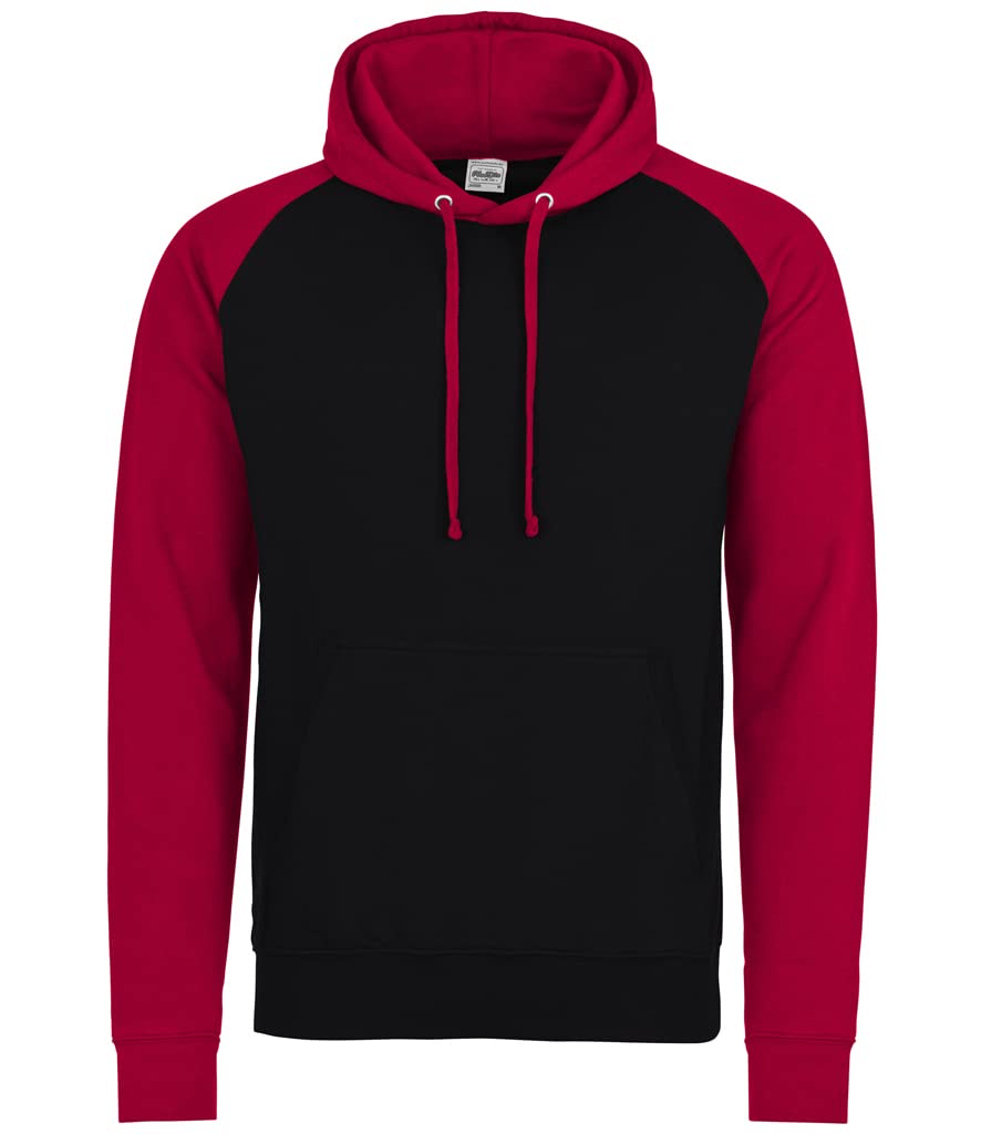 AWDis Herren Baseball Hoodie Kapuzenpullover, Mehrfarbig (Jet Black/Fire Red), L