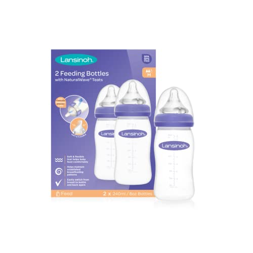 Lansinoh Baby Bottle Pack of 2 with NaturalWave Teat (240 ml), Anti-colic, Plastic 100% BPA & BPS free, Medium Flow silicone teat which is soft and flexible, purple