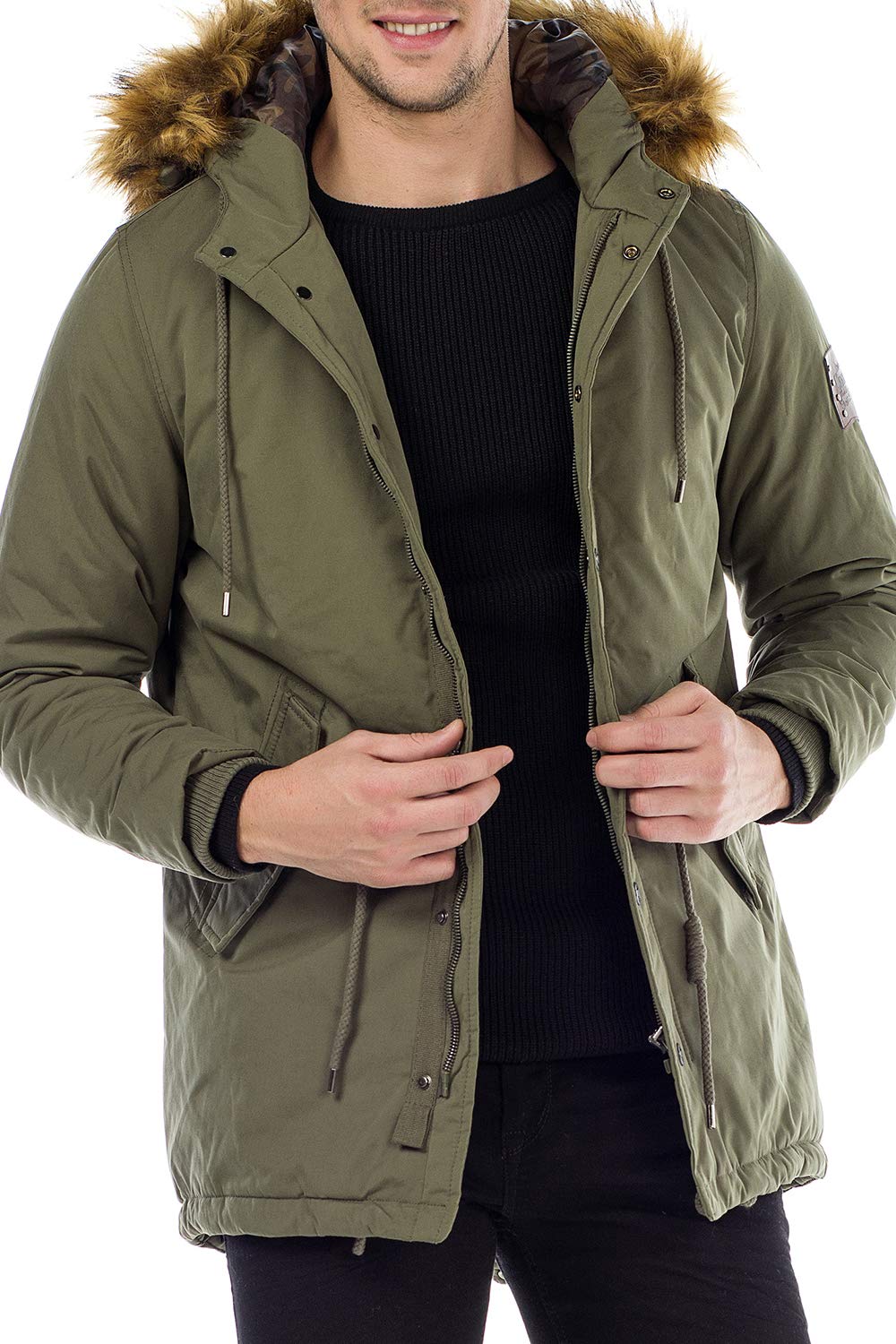 Cipo & Baxx Herren Winter Parka Kunstfellkapuzen Jacke Winter Mantel Jacke Parka Gefüttert mit Kapuze Gr.XL Khaki