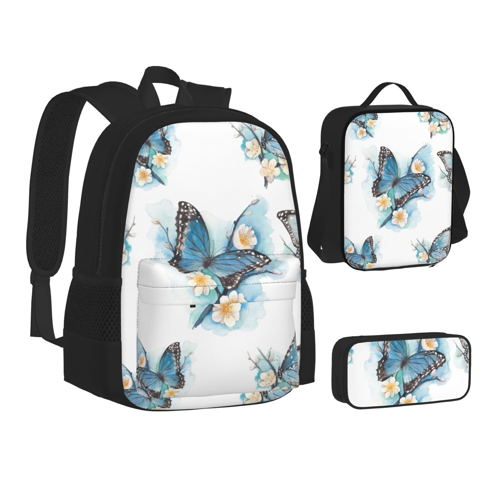 WURTON Blauer Schmetterling auf Blüte und Blumendruck, Teenager-Rucksack, 3-in-1 (Federmäppchen + Schultasche + Lunchtasche)