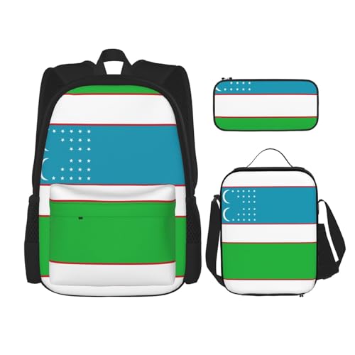 WURTON 3-in-1-Set, Motiv: Flagge der Republik Usbekistan, lässig, verstellbar, Schulter-Rucksack, Lunch-Tasche, Federmäppchen, Tasche, Schwarz, Einheitsgröße