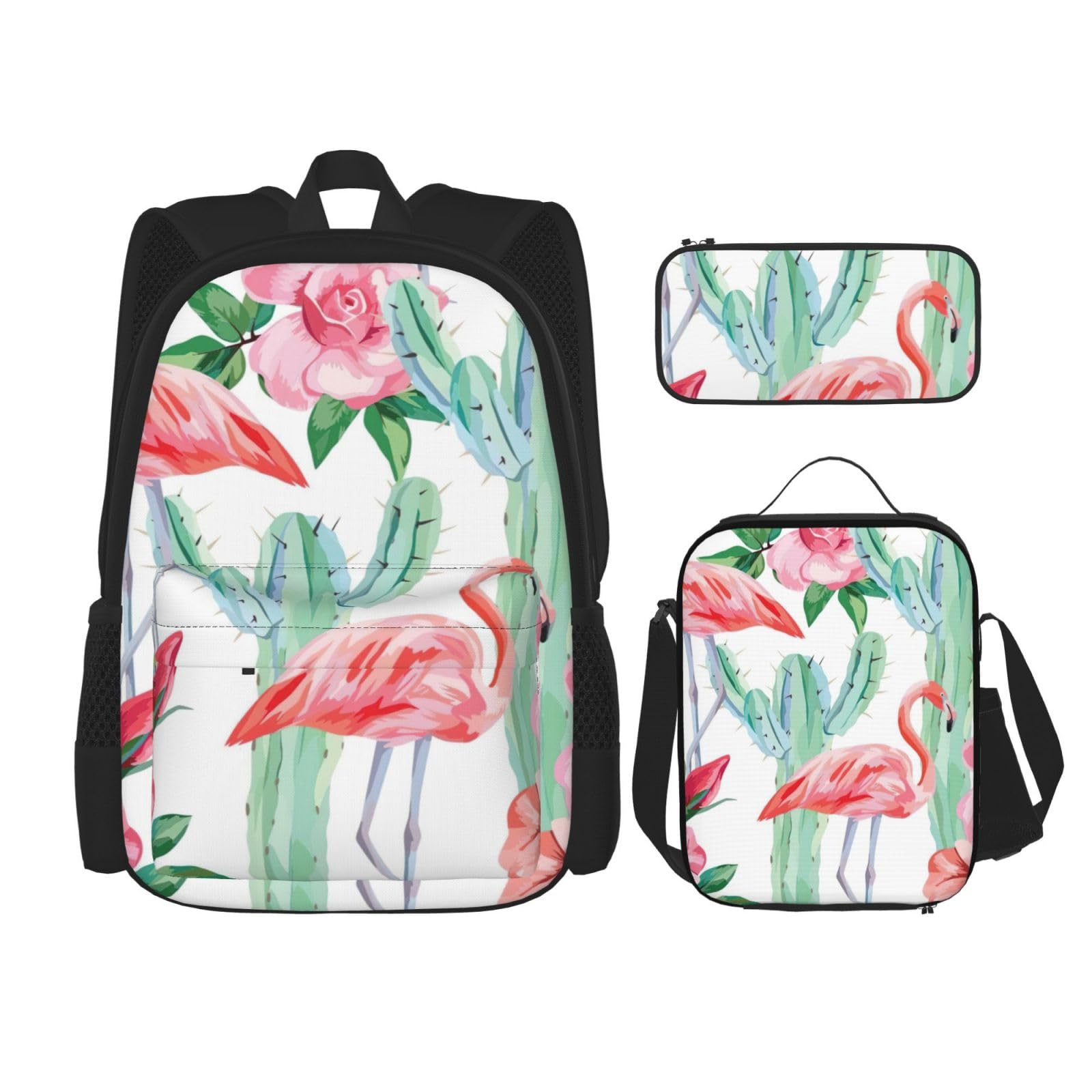 WURTON 3-in-1 Büchertaschen-Set, Motiv: Kaktus, Flamingo, Rose, Blumenmuster, verstellbarer Schulter-Rucksack, Lunch-Tasche, Federmäppchen, Tasche, Schwarz, Einheitsgröße