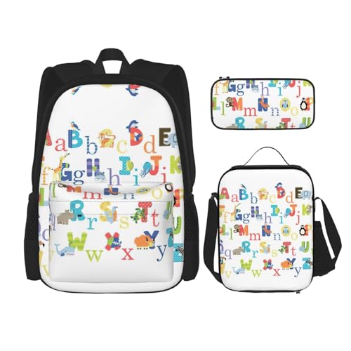 WURTON Trendige Rucksacktaschen mit Tier-Alphabet-Druck, Lunchbox und Federmäppchen, 3-in-1, verstellbares Rucksack-Set, Schwarz , Einheitsgröße