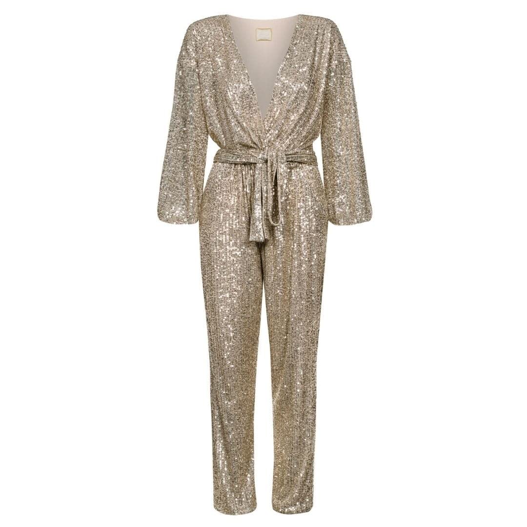 Swing Fashion Jumpsuit Damen Elegant | Festliches Jumpsuit | Party Jumpsuit | Glitzer Jumpsuit | Playsuit | Hosenanzug | Romper | Pailletten-Overall | V-Ausschnitt | Langarm | Gold | 40 (L)