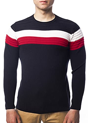 Herren Feinstrick-Pullover für Winter und Übergang by Carisma • Herren Longsleeve mit Streifen • Herren Langarmshirt Herren Sweatshirt Pulli Langarm K-128 Navy XL