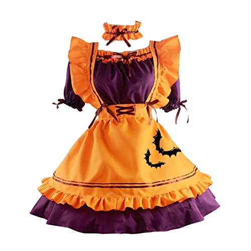 LARUISEE Halloween-Dienstmädchen-Cosplay-Kostüm für Damen, japanisches Anime-Kürbis-Schürzen-Outfit, Gothic-Party, Bühnenaufführung, Uniform, Dienstmädchenkleid