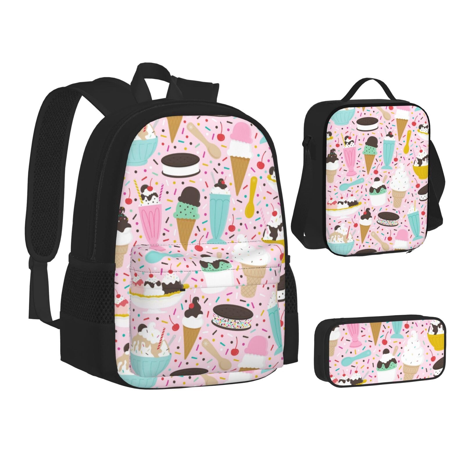 WURTON Süßes Eiscreme-Druck-Set für Teenager, 3-in-1 (Federmäppchen + Schultasche + Lunchtasche)