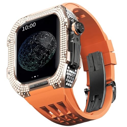 TONECY Uhren-Modifikationsset für Apple Watch 6 5 4 SE 44 mm Titangehäuse + Viton-Armband, Luxusgehäuse und Armbandmodifikationsset (Farbe: Orange 9, Größe: 44 mm)