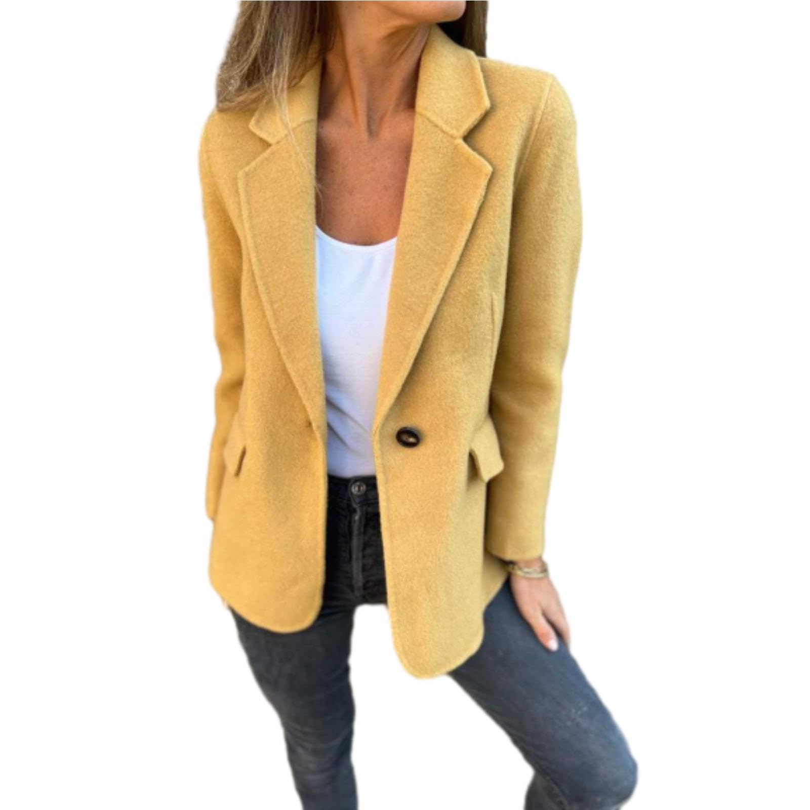 WINDEHAO Damen Revers Langarm Freizeitjacke 2024 Herbst Casual Tweed Jacken für Frauen Revers Knopf Falsche Tasche Blazer (Gelb, 2XL)