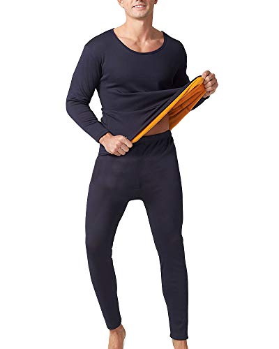 YOUCAI Herren Thermo Unterwäsche Set Goldsamt Fleece gefüttert Warm Winter Langarmhemd mit Rundhalsausschnitt Oberteil und Leggings Thermohose Unterhose mit Innenfleece Marine 6XL