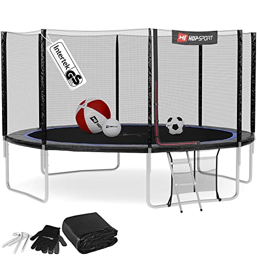 Hop-Sport Trampolin Outdoor Ø 430 cm – Gartentrampolin Komplettset mit stabilen U-Beinen, außenliegendem Netz, Sprungtuch und Leiter sowie Extra-Zubehör, schwarz/blau