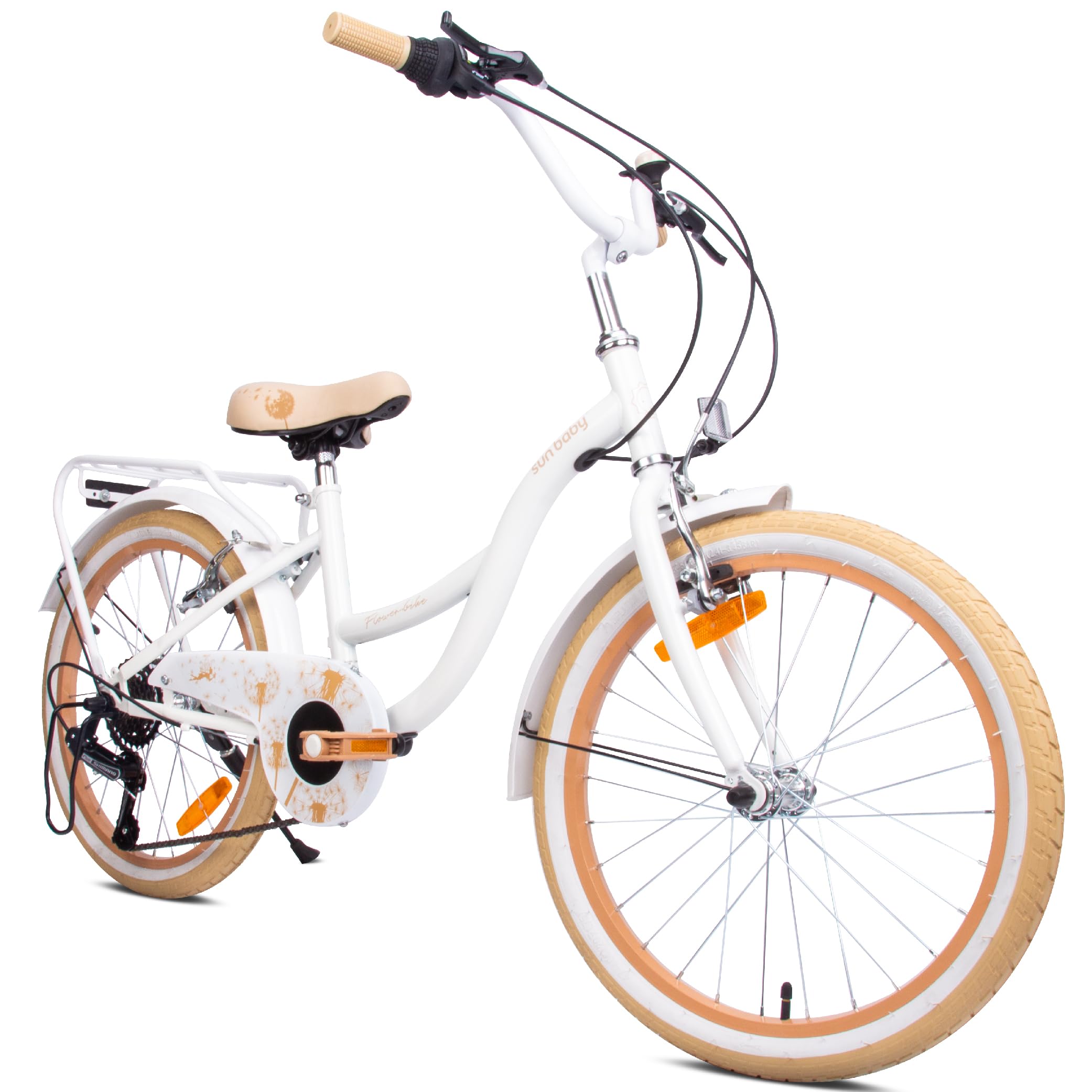 sun baby Mädchenfahrrad 20 Zoll Flower Bike Radgröße zur Auswahl 6 Gang Shimano Kinderfahrrad Kinderrad für Mädchen von 6 bis 10 Jahre verstellbare (Weiß Beige)