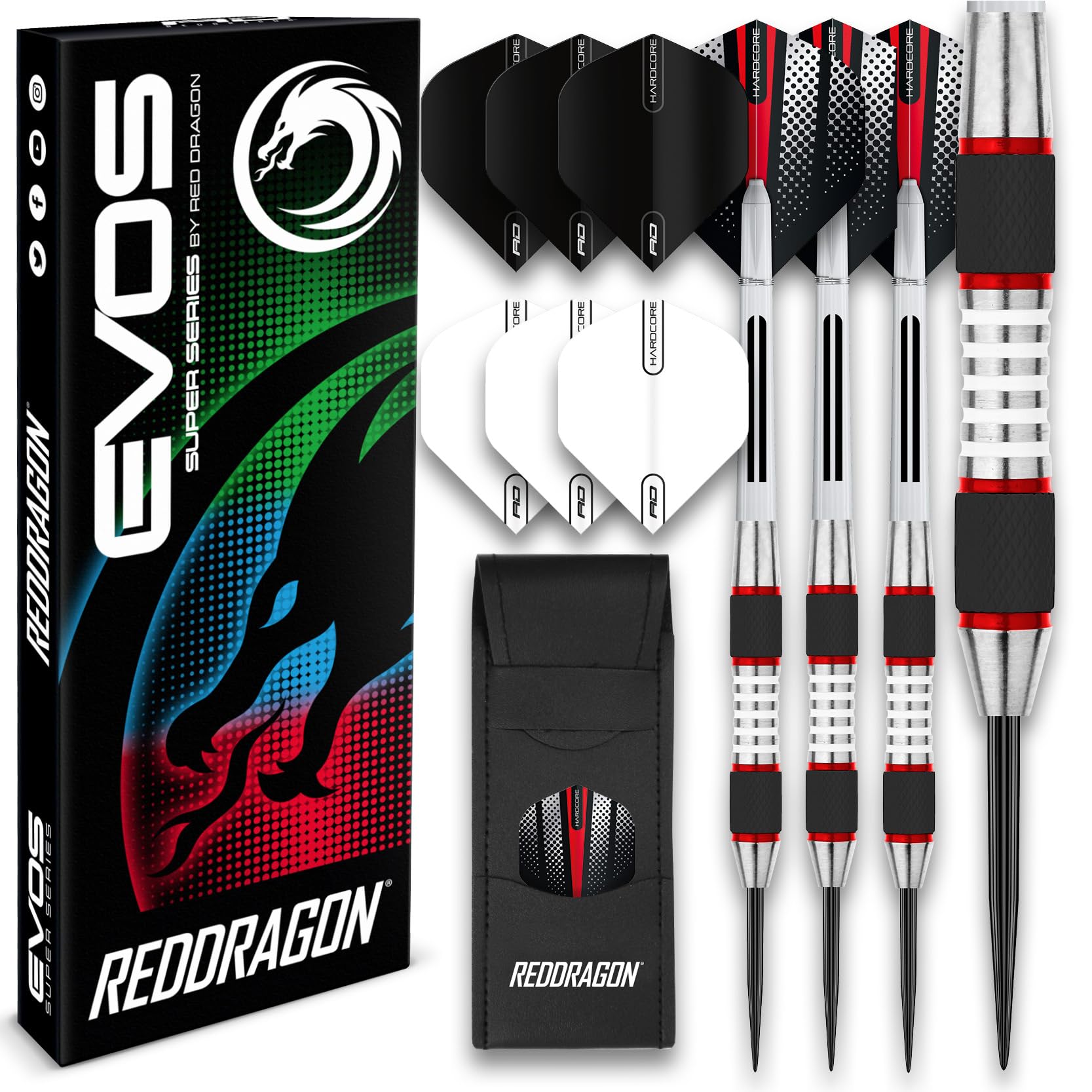 RED DRAGON Evos: 28 Gram Weiß Tungsten Dartpfeile Profi Steel Darts Set mit Flights, Schäfte and Brieftasche