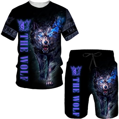 Herren Lion T-Shirt Short Hosen 3D Animal Herren T-Shirt Shorts Set Street Casual Trainingsanzug Sportanzug (wolf1,M)