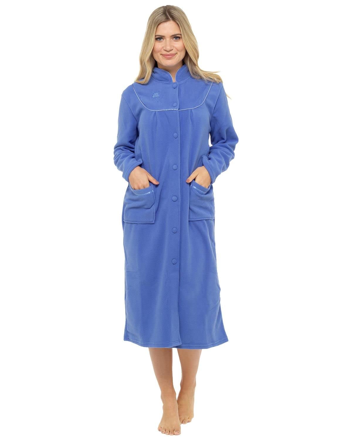 Damen Bademantel, Fleece, Größen 38 bis 56, mit Knopftaschen, blau, 46