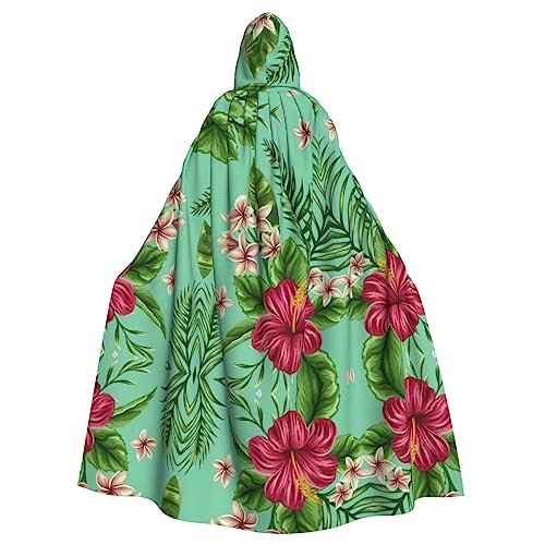 WURTON Hawaiianischer Umhang mit tropischen Blättern, Blumen, voller Länge, Karnevals-Umhang mit Kapuze, Unisex, Cosplay-Kostüm, Umhang für Erwachsene, 185 cm