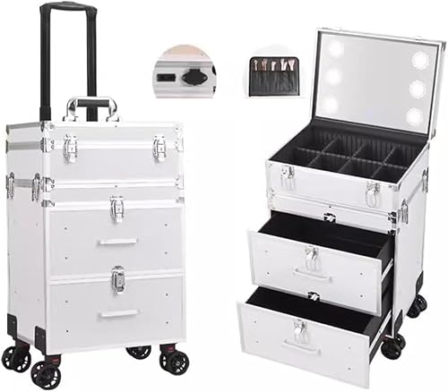 Reisetrolley-Box mit LED-Licht, rollender Make-up-Zugkoffer, Beauty-Aufbewahrungskoffer, mit Schubladen, einziehbarem Griff, 360°-Universalrädern, Silber-b, 37 x 27 x 67 cm