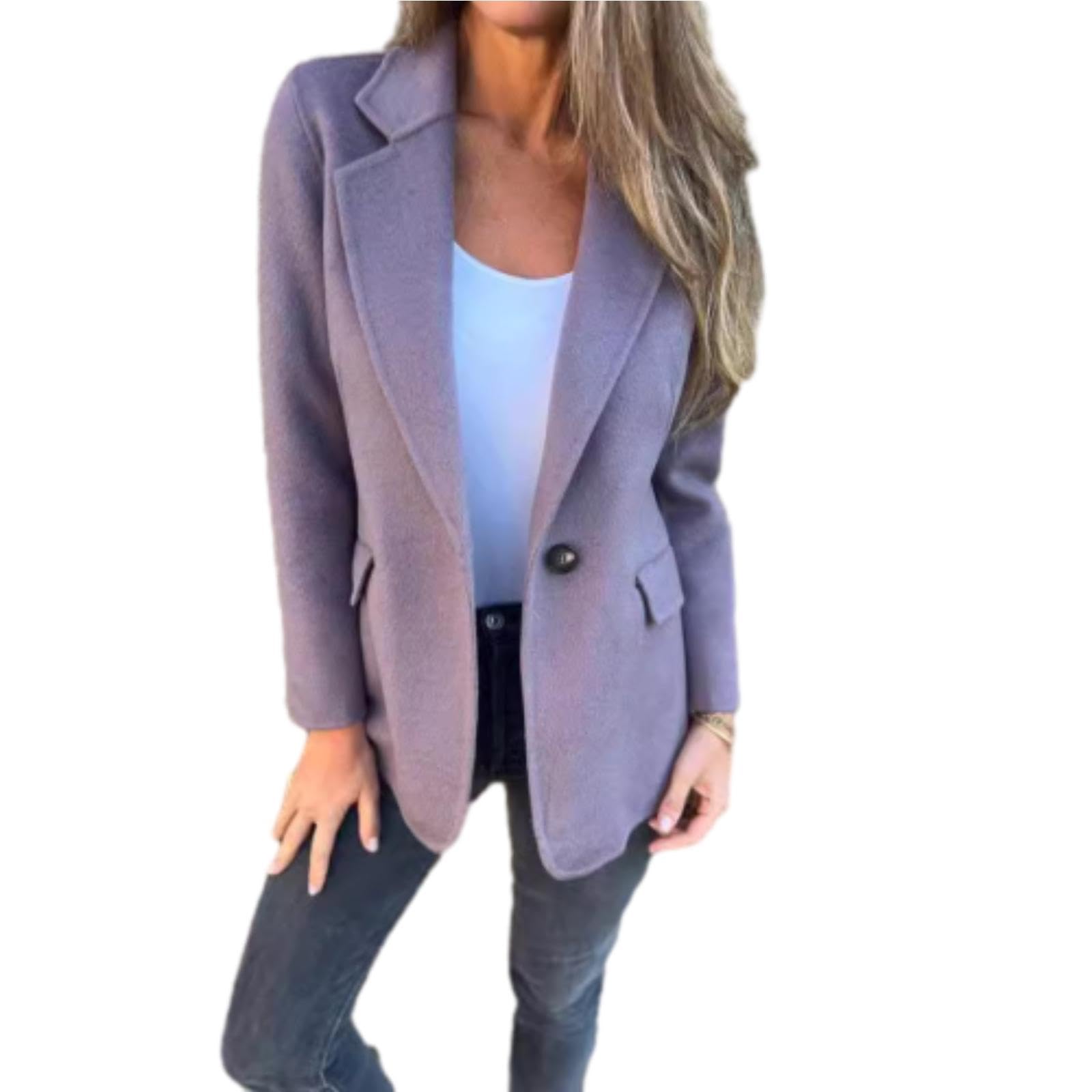 WINDEHAO Damen Revers Langarm Freizeitjacke 2024 Herbst Casual Tweed Jacken für Frauen Revers Knopf Falsche Tasche Blazer (Lila, XL)