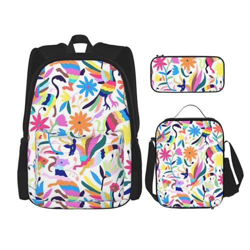 WURTON Rucksack mit mexikanischem Otomi-Tierdruck, Schultasche mit Lunchtasche, Federmäppchen, Kombination, Schulranzen-Set