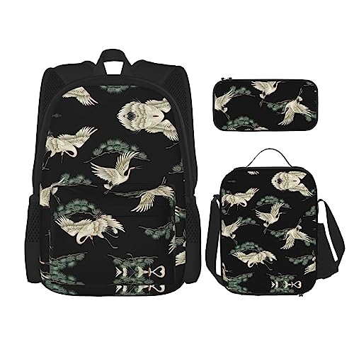 WURTON Japanischer Kranich- und Kieferndruck, 3-in-1-Sets, lässig, verstellbar, Schulter-Rucksack, Lunch-Tasche, Federmäppchen, Beutel, Schwarz, Einheitsgröße