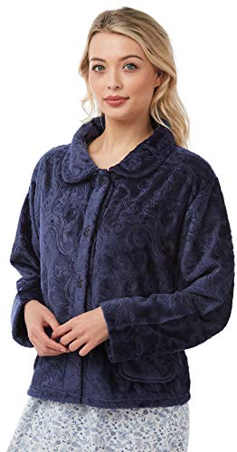 Lady Olga Fleece-Nachtwäsche in 3 Stilen, Bademantel, Morgenmantel oder Bettjacke, mit Reißverschluss und Knöpfen Gr. 38/40 DE, Marineblau - Bettjacke